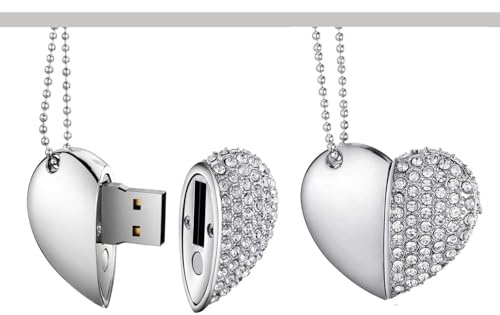 Yaxiny Unità flash USB, unità flash USB, 128 GB premium, impermeabile, cuore, diamante, ad alta velocità, USB 3.0, chiavetta USB, 1 pezzo, argento