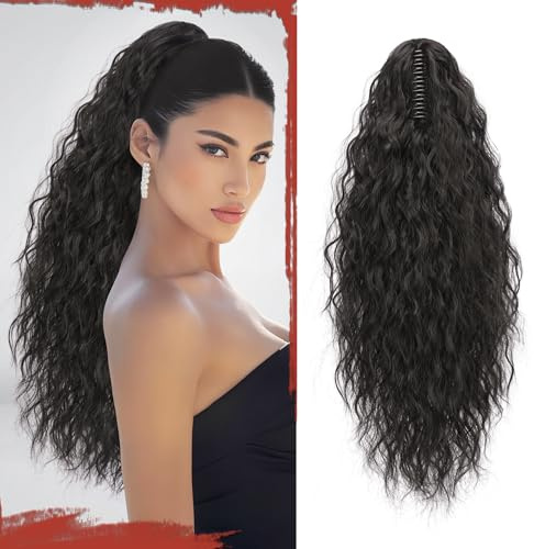 Sofeiyan Pferdeschwanz Haarteil mit Klammer, 56 cm Lang Wellig Lockigen Ponytail Extension Claw Clip in Synthetischen Haarverlängerung Zopf für Frauen，Schwarz Braun