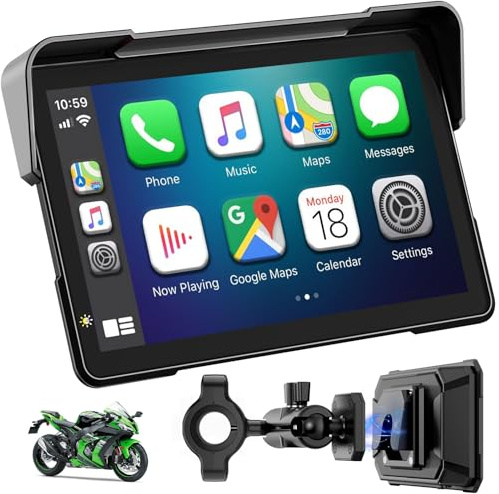 YZW Portable 7 inch Wireless Motorcycle Carplay GPS Screen with Android Auto, Navigation System Quick Release, Anti-thef, Bluetooth, Siri, Google Asistant, Light Sensor, Music Sharing,Vioce Control