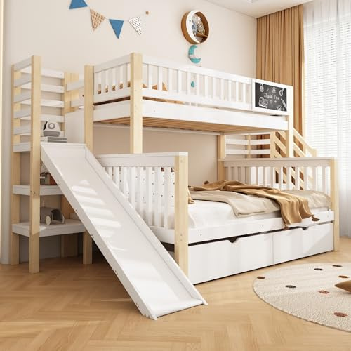 Letto a soppalco per bambini 90x200+140x200 con scivolo e scale, letto a castello 2 bambini, lettino multifunzionale con 2 cassetti, armadietti e graffiti, letto in legno massello, bianco+naturale
