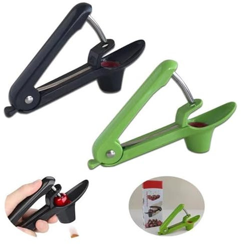 Lot de 2 dénoyauteurs de cerises en acier inoxydable - Dénoyauteur de cerises - Portable - Pour fruits, prunes, cerises (vert, noir)