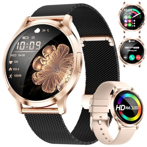 HIRREO Smart Watch Women for iOS Android Phone Call 7.9mm Thin 1.32 HD AMOLED Touchscreen Smartwatch Ladies Black Rose Gold,2 Straps,Calorie,100+ Sports Mode/Heart Rate/Sleep Monitor/Menstrual Cycle