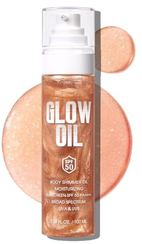 Body Glow Oil, SPF 50 Glitzer Schimmer Sonnenschutzkörperöl Lotion Mit Paillettenmark, Leichtes, Nicht Stapfhaltiges Feuchtigkeitscreme Mit Kokosnuss, 100 Ml