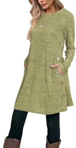 Poetsky Women Casual Flowy Knit Mini Dress Beach Cruise Outfits Pea Green | Swing Crewneck Tunic Dress Ladies Winter Dresses with Pockets Long Tops for Women Loose Fit Dressy Bluish Grey M
