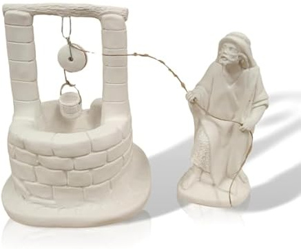 FUNNY CUP Figura Decorativa de escayola Pozo de Agua con pocero, Escayola Blanca, 21 cm de Alto, Decoración para Belén Navideño.