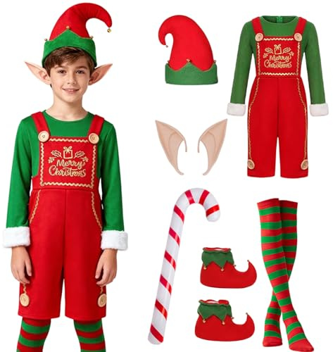 Solorass Weihnachtself Kostüm Kinder, Weihnachtskostüm Elfen Kostüm Outfit, Wichtel Elfenkostüm mit Kleid, Gürtel, Socker, Hut, Elfenohren für Weihnachten Party Cosplay (Junge, 150)