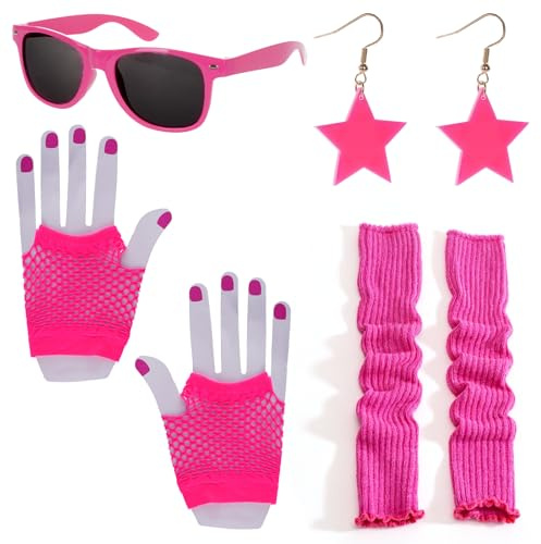 4 Stück 80er Jahre Kostüm Set - Inkl. Fischnetz Handschuhe, Neon Beinstulpen, Ohrringe & Brille | 80s Party Zubehör für Karneval, Fasching & Rock 'n' Roll Theme