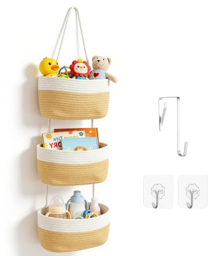 OJTOJT Hängender Organizer, Hängeorganizer Mit Haken, Wand Hängen Tasche Zum3-Tier, Hängeregal Stoff Wand aus Baumwollseil Gewebt, Für Wohnzimmer, Schlafzimmer, Bad, Kinderzimmer（Gelblich-weiß）