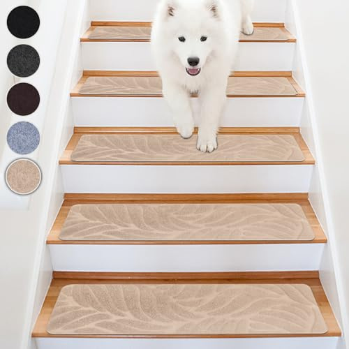 Homwiz Tapis d'Escalier Antidérapant, Lot de 15 Marchettes d'Escalier Intérieur, Moquette Escalier Réutilisable pour Protéger Animaux, Seniors, Enfants (Feuille de Bananier-Beige, 65x20 cm)