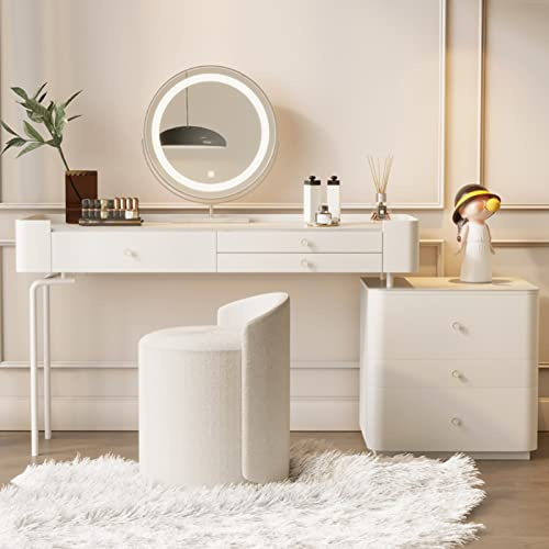Vitt modernt sminkbord med rund spegel solitt trä sminkbord med lådor, justerbara LED-lampor, 80 cm storlek elegant stol ingår