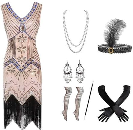Generico Abito con Frange con Paillettes con Scollo a V Anni '20 e Set di Accessori Anni '20 Vestiti Donna Adulto Perline E Gonna Frangiata per Eventi (M)