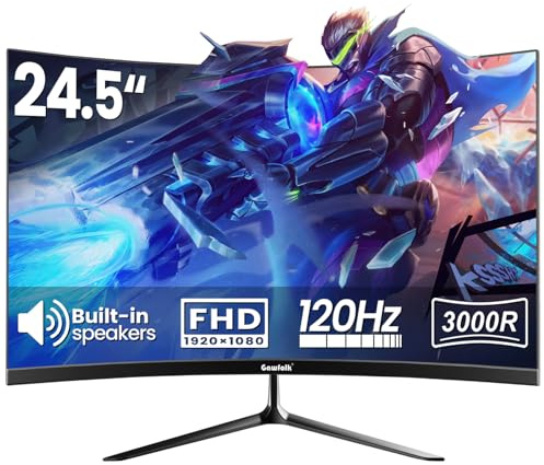 Gawfolk 24.5 Inch Curved Gaming Monitor Built-in Speakers, 3000R 120Hz PC Screen Full HD 1920x1080P 1ms MPRT, 98% sRGB,HDMI 2.0, VGA, VESA 75 * 75mm, Black PC Monitor