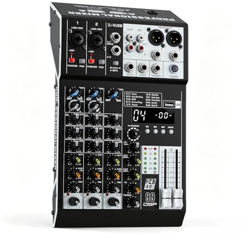 Audio Mixer 4 channel mixing desk, 99 DSP Effects, with Bluetooth & USB MP3 Player, 3-Band EQ, PAD & COMP per Channel-Digital Mixing Desk for Recording Karaoke,Live Music