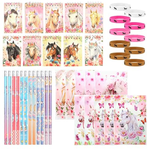 Ufdeoton Pferde-Thema Party Set für Kinder, 10 Notizbuch, 12 Bleistifte, 10 Geschenktüten, 10 Silikonarmbänder für Geburtstagsparty Kinder Jungen Mädchen