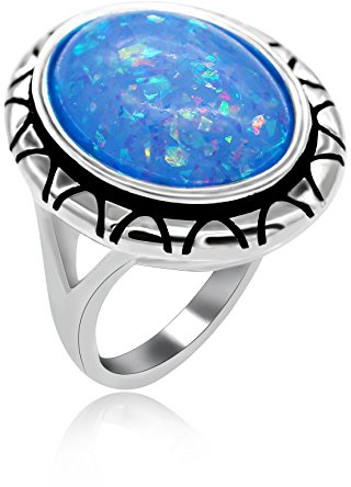 Uloveido stor oval form simulerad blå eld opal solitärring vitguldpläterad bröllop förlovning löfte ringar födelsestenen smycken (storlek L O Q S T) RA0309 e mässing, S, colore: BLÅ, cod. RA0309-size9