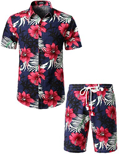 JOGAL Herren Casual Floral Blumenmuster Kurzarm Hawaiihemd