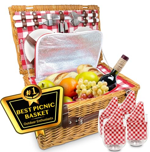 Nature Gear Picknickkorb, Weidenkorb mit Griff für Draußen, isolierter gewebter Korb, inklusive Service-Kit von Essgeschirr & Weingläsern, Picknickkorb-Set für 4, Rot & Weiß