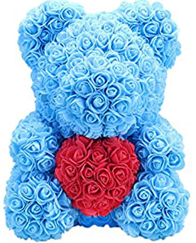 fg Orsacchiotto di Rose Artificiali in Gomma crepla con Cuore Orsetto Decorazione Regalo San Valentino Natale Anniversario Fiori (Celeste Cuore Rosso, 25 cm)