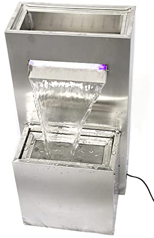 Gartenbrunnen/Zierbrunnen mit Wasserfall & Pflanzkübel/Blumentopf, aus rostfreiem Edelstahl, inkl. Pumpe & LED, 32 * 31 * 60cm Wasserspiel Garten/Teich/Terasse