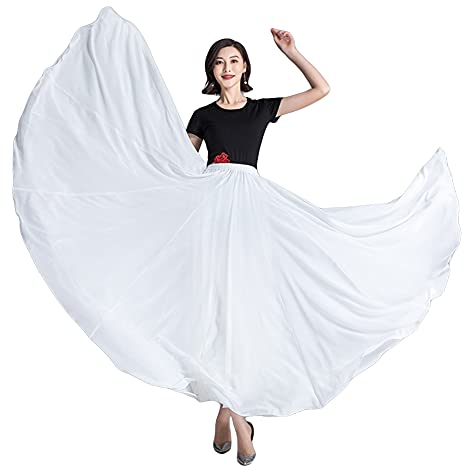 Damen Bauchtanz Rock Chiffonrock Tanzrock 720 Grad Großer Swing Röcke Lange Öffnungs Swing Rock Tänzerin Tanzkostüm Maxirock,Weiß,S