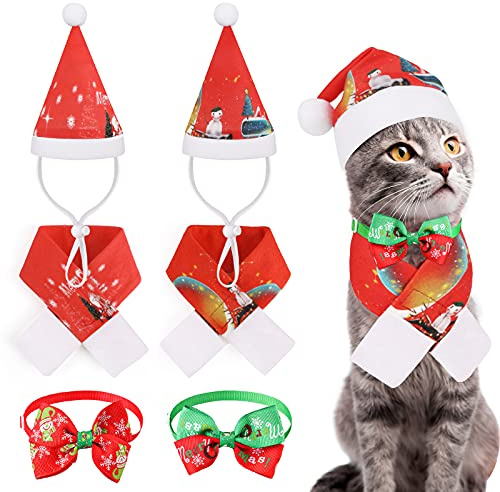 Weihnachten Hund Katze Weihnachtsmütze +Weihnachtsschal+ Verstellbare Fliege Kragen,Jupsk 6 Stücke Weihnachts Haustierkostüm für Kleine Hunde,Katzen,Kätzchen,Welpen, Weihnachtshaustier-Outfit-Zubehör