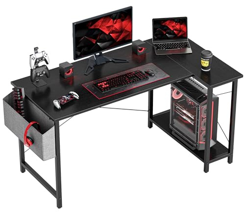 CubiCubi L Shaped Gaming Desk, 120x70 cm Computer Desk with Storage Bag, Office Desk Writing Table with Large Reversible Storage Shelves, Workstation for Study Play Work Home Office, Black