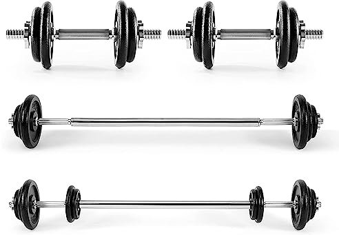 Ultrasport 30 kg Kurzhantel- und Langhantelset, bestehend aus 2 Kurzhanteln, Verbindungsstange zur Langhantel plus 10 Hantelscheiben, 4 Sternverschlüsse, Hantelset, Gewichtsset