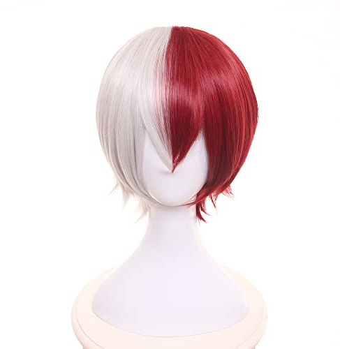 Halb Rot Weiß Kurze Gerade Cosplay Perücke Hitzebeständige Synthetische Kostüm Haare für Frauen Männer Halloween Cos Anime Party Ersatz Perücken