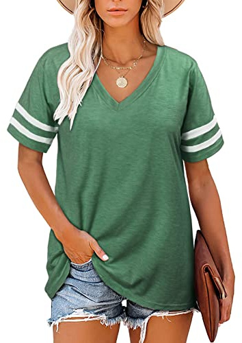 Voqeen T-Shirt Femme Col V Top Décontracté à Manches Courtes Top Basique à Rayures pour l'été, Taille XXL, Vert