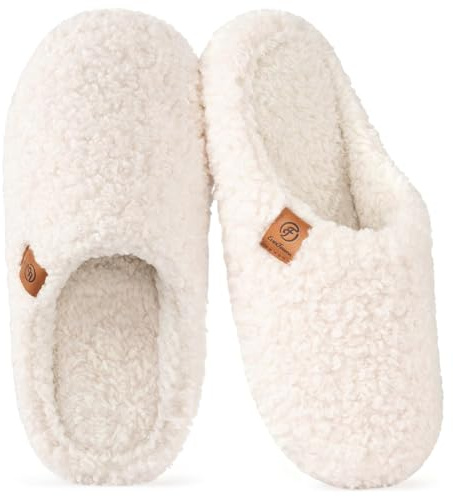 EverFoams Women's Fuzzy Slip-on Slippers Soft Comfy Memory Foam Indoor House Shoes Beige,9-10 US
