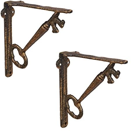 Relaxdays Regalwinkel Set, 2 Winkel, Schlüssel Design, HBT: 14,5 x 4 x 14,5 cm, Wandregal-Halterung, Gusseisen, Bronze