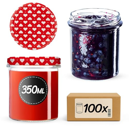 KADAX Lot de 100 pots à confiture, 350 ml, avec couvercle à visser, pour miel, champignons, confitures, miel (cœur)