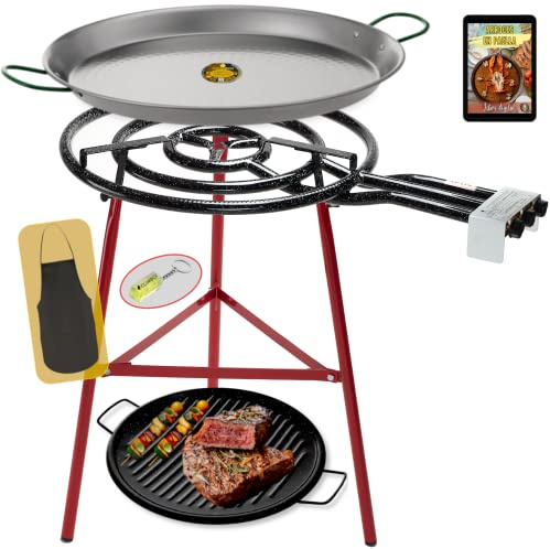 COMBOI Poêle à paella gaz butane 60 cm Kit brûleur 3 feux, poêle à paella de 70 cm + grill 46 cm, support pieds renforcés, niveau, tablier, livre de recettes numérique.