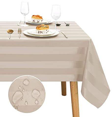 JIUZHEN Mantel de Mesa Impermeable Antimanchas con Efecto Loto, Mantel Beis a Rayas para Exterior y Jardín, Lavable, Tamaño Rectangular 135 x 200 cm
