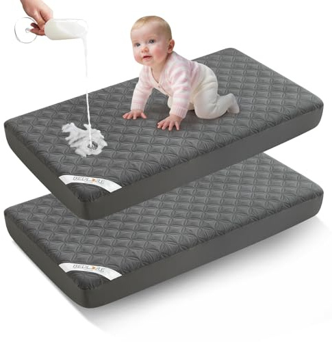 BEDLORE Waterproof Mattress Protector Crib, 2 Pack Soft Gray Mattress Pad, Noiseless Machine Washable Mattress Cover, Ultimate Protection for Your Baby's Crib Toddler Bed (52''x28'')