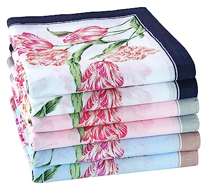 HOULIFE Mouchoir Tissu - Mouchoirs en Tissu Femme, Grands Mouchoirs Tissus en Pur Coton Peigné Motif Fleur Doux pour Mariage Usage Quotidien, Lot de 6 Pièces, 45x45cm, Fleur 2