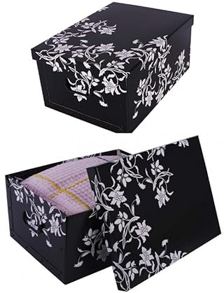 Kreher® 2 Stück Aufbewahrungsbox mit Deckel, Deko Papp-Karton, Stapelbox, 45 Liter mit Griffen, 51 x 37 x 24 cm (Barock Blume Schwarz)
