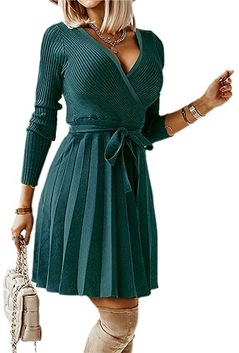 tinetill Vestito Donna Abito in Maglia a Maniche Lunghe con Scollo a V Profondo Abiti Invernali Elegante Mini Abito in Maglione Vestiti con Volant Autunno Inverno Caldo Dress Corto in Maglia