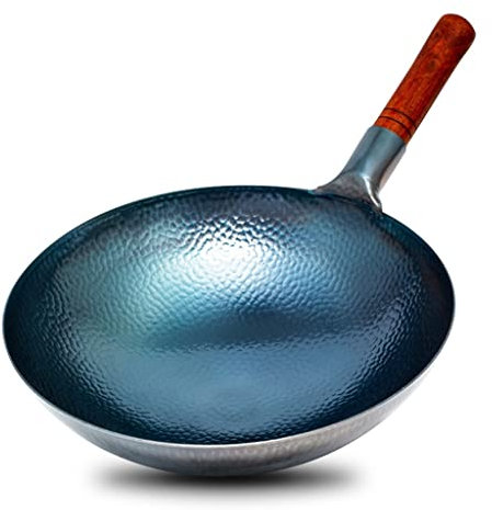 UNbit Wok tradizionale in ferro fatto a mano Wok a martello reale Pow wok tradizionale in acciaio al carbonio con manico in legno e acciaio, fondo tondo (Color : D, Size : 34cm)