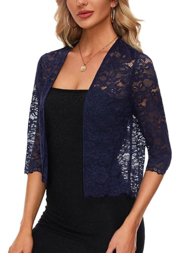 MINTLIMIT Bolero Cardigans for Women Open Front Bolero Shrugs Lace 3/4 Sleeve Dress Coat Elegant (Navy L)
