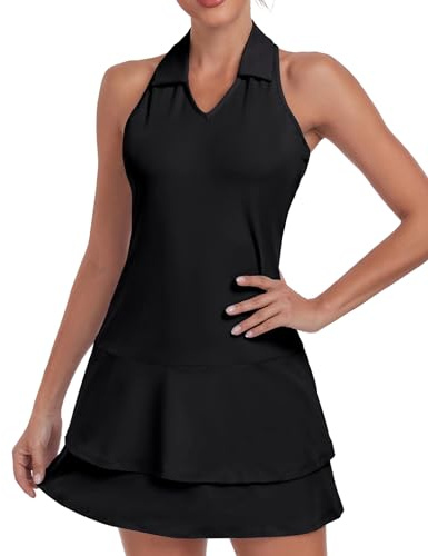 Soneven Vestido de tenis para mujer con pantalones, sin mangas, cremallera 1/4, juego de ropa de tenis deportivo, vestido de verano, vestido de golf para deportes, tenis y béisbol, Negro , S