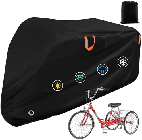 Adult Tricycle Cover Outdoor Storage Waterproof ,Heavy Duty Anti-UV 420D Tearproof Bike Covers Fit for Electric Trike,3 Wheels eTrike Bicycle, All Weather Use,Windproof Buckle,Lock Hole