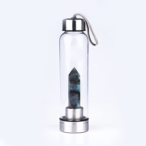 hxoity Bottiglia d'Acqua di Cristallo Naturale con Labradorite Bastone della Bacchetta Dell'obelisco Curativo A Punta di Quarzo di Cristallo Elixir Reiki Energia Gemma Infuso Bottiglia d'Acqua 550ml