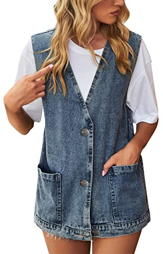 Gilet di jeans da donna in denim, senza maniche, con bottoni, jeans, per donna, con scollo a V, con tasche, blazer aperto, da cowboy, da motociclista, Blu, S