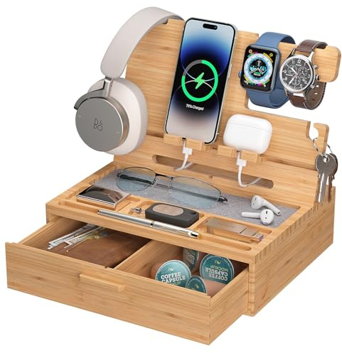 Pezin & Hulin Organizer per comodino per compleanno, docking station per telefono in bambù con cassetto, portachiavi e portafoglio, regalo ideale per uomini, figli, fidanzati, lui (Nataral)