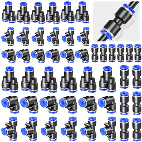 TTYSHIP® 48 Pièces Raccord Pneumatique, Connecteur Pneumatique en Plastique 6mm/8mm, Raccord Rapide Air Comprimé pour Connexions Rapides pour Conduites D'air (Y+T+Droit+Angle)
