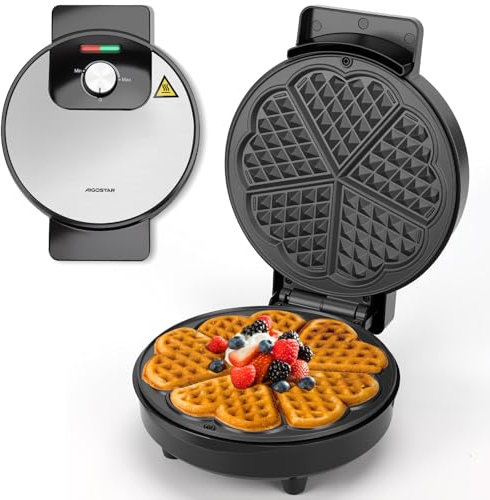 Aigostar Gofrera para 5 Gofres en Forma de Corazón, 1000W, Placas Antiadherentes de 19 cm, Temperatura Regulable, Indicador LED, Asa de Toque Frío, Diseño Compacto, Acero Inox., Libre de BPA, Crunchy