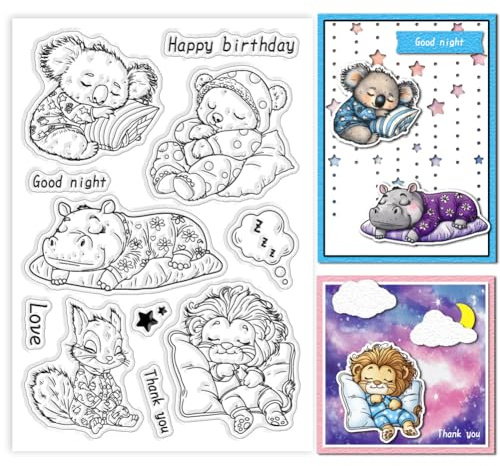 GLOBLELAND Klare Stempel Mit Schlafenden Tieren Eichhörnchen Löwe Schachtel Pferd Faultier Bär Silikon Klarstempel Siegel Baum Transparente Stempel Für DIY Scrapbooking Karten Erstellen von Fotoalben