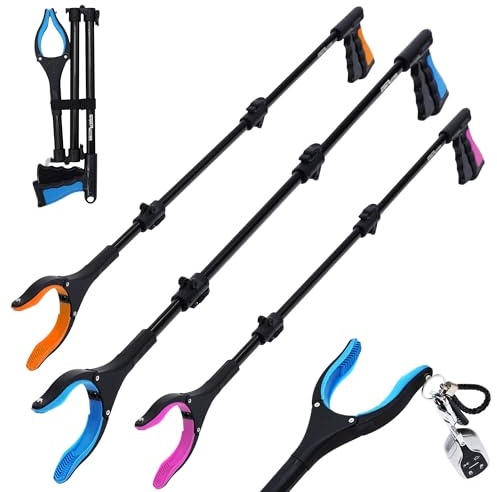38 Extra Long Grabber Reacher Tool – 3 Pack Foldable Reacher Grabber Pickup Tools with 360° Rotating Jaw & Magnet - Heavy Duty Pick Up Grabbers for Seniors, Trash, Surgery Recovery (Orange Blue Pink)