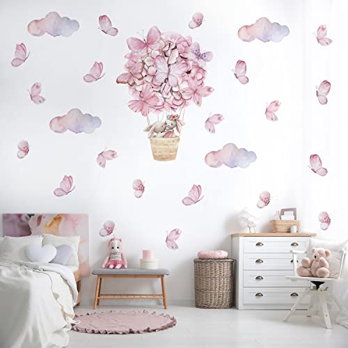 Dayker Rosa fjäril moln kanin varmluftsballong väggdekaler, avtagbar vinyl gör-det-själv skala och klistra väggklistermärken, för barn, barnkammare, småbarn, sovrum, dagis konstdekorationer